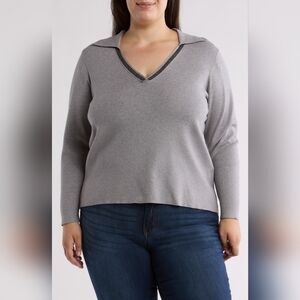 Calvin Klein Womens Sequin Trim V-Neck Sweater GRAY Cozy Knit